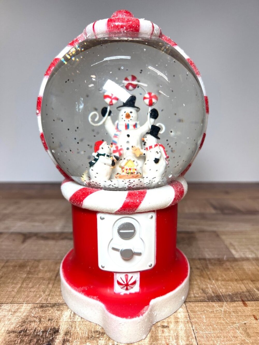 Gumball Machine Snow Globe Glitter & Snowman Candy Cane Design Holiday Lights Up